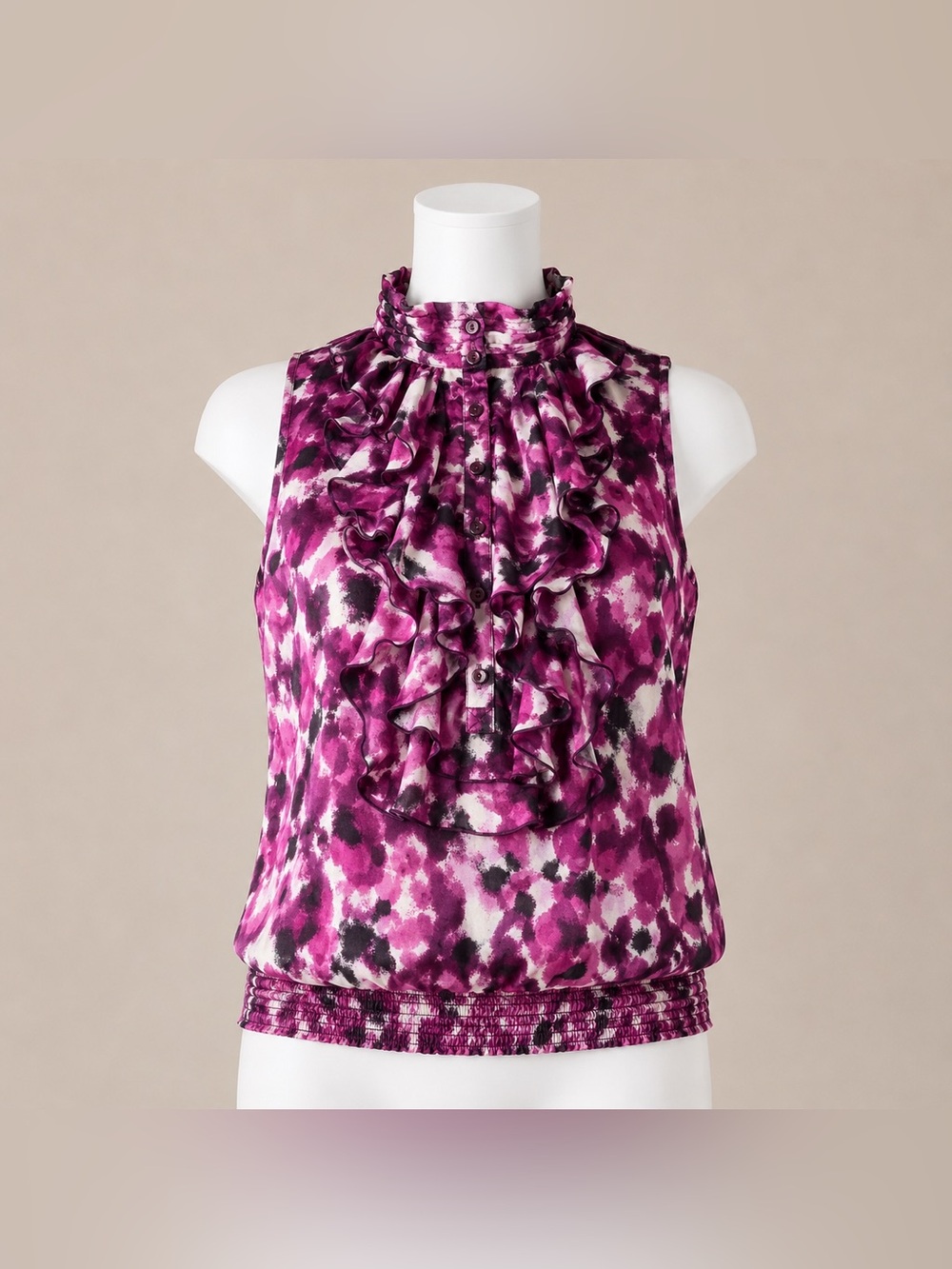 DressBarn 1X Purple Floral Ruffle Mock Neck Sleeveless Blouse Top